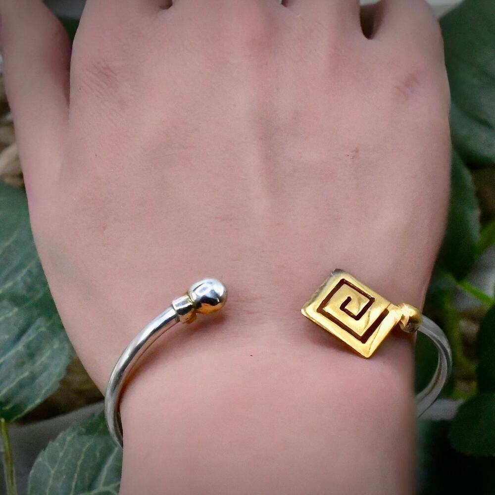 Vintage Silver Greek Key Bypass Cuff 14k Gold Filled Bangle
